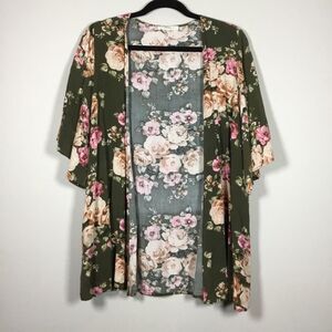 Mossy green with roses open front bell sleeve duster robe size Small oversized